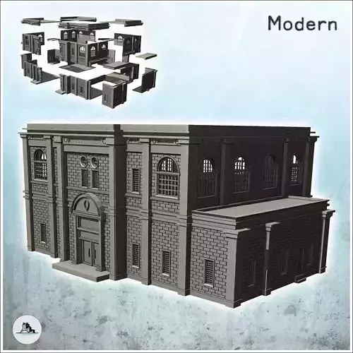 Large flat-roofed public building in brick with large windows 6 