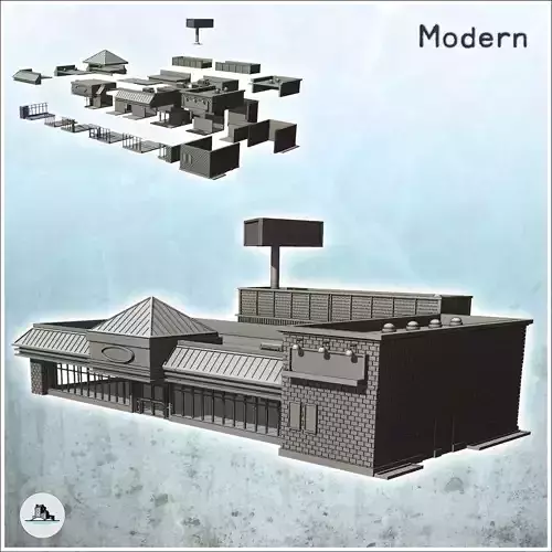 Large modern restaurant with large windows and advertising sign 