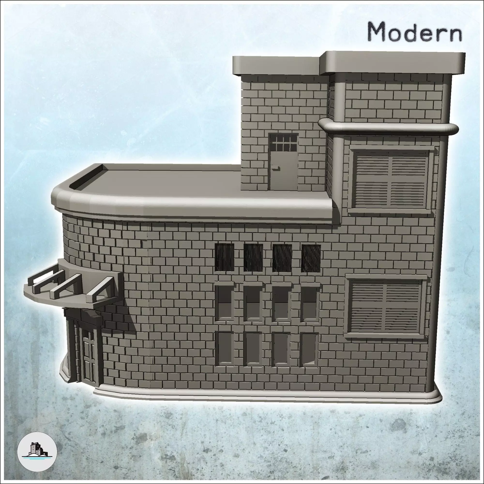 Brick corner building with entrance canopy and roof access 15 -  3D print model_4