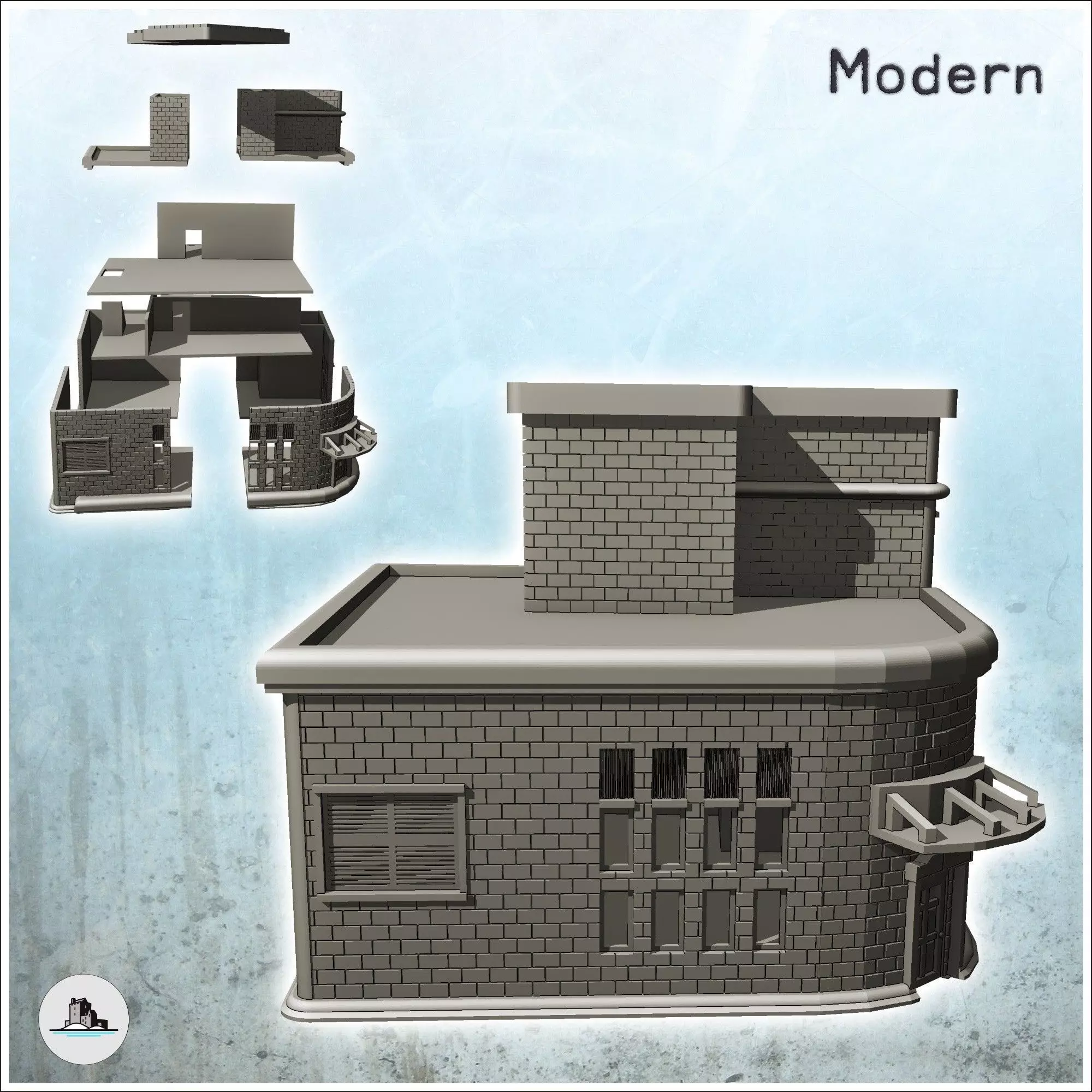 Brick corner building with entrance canopy and roof access 15 -  3D print model_1