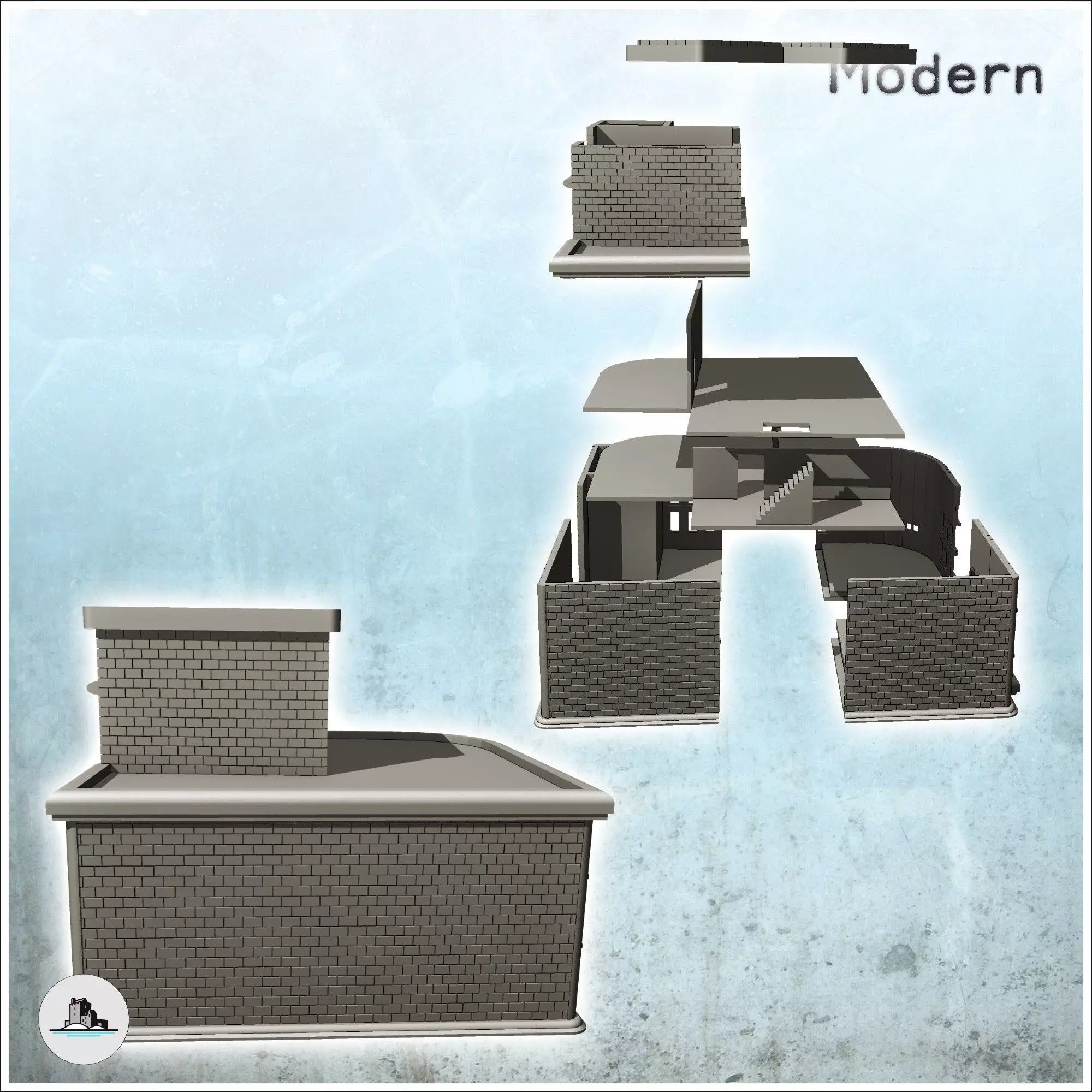 Brick corner building with entrance canopy and roof access 15 -  3D print model_2