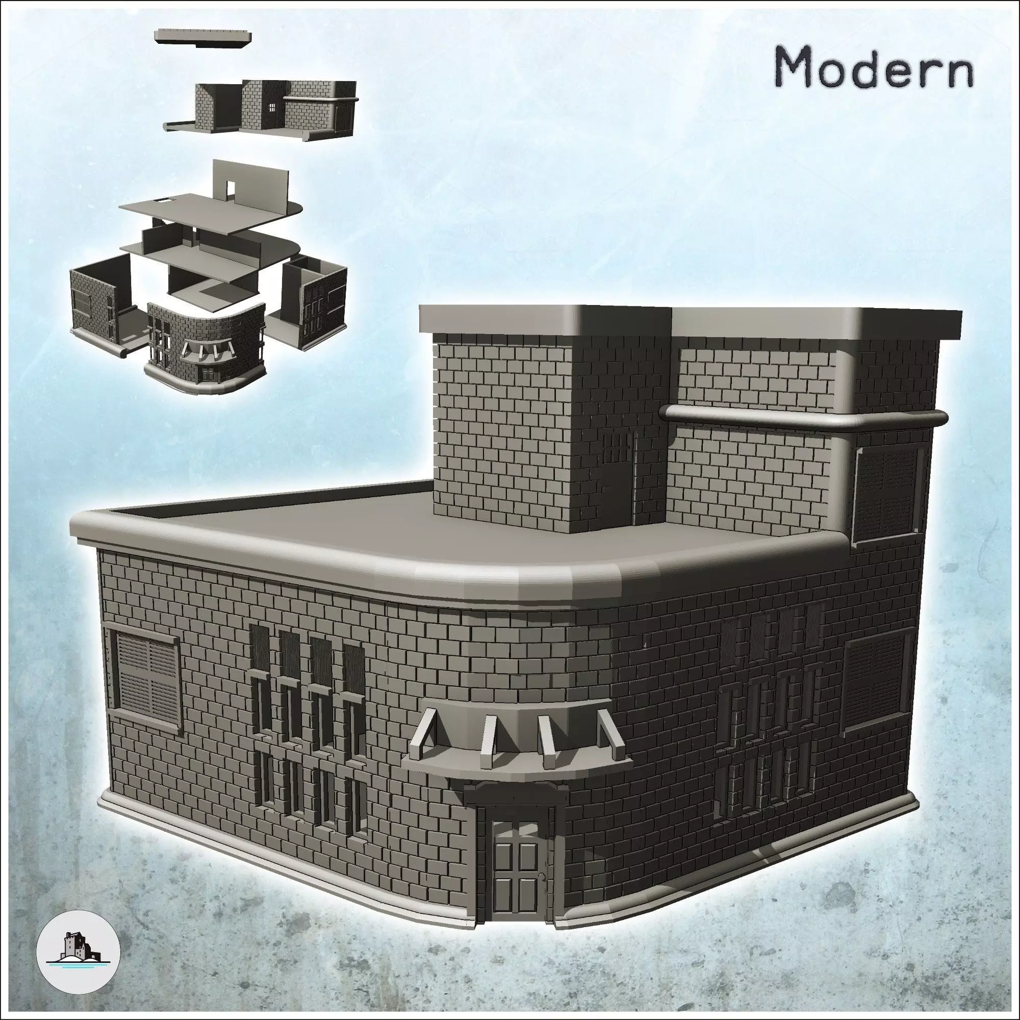 Brick corner building with entrance canopy and roof access 15 -  3D print model_0