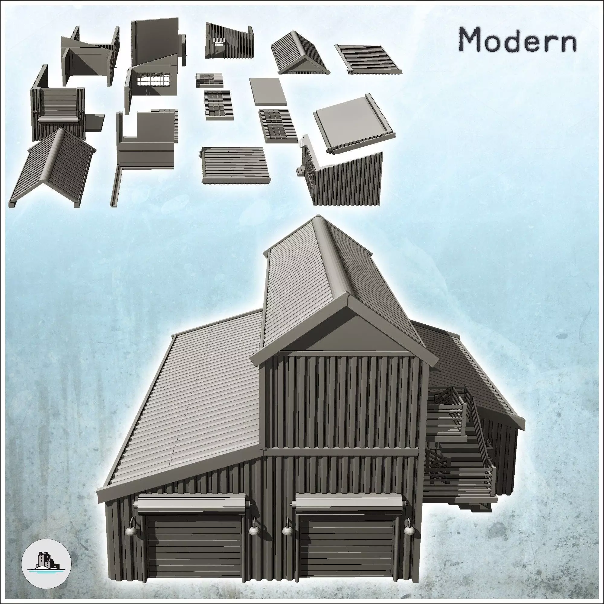 Large modern warehouse with exterior stairs and multiple access 3D print model_1