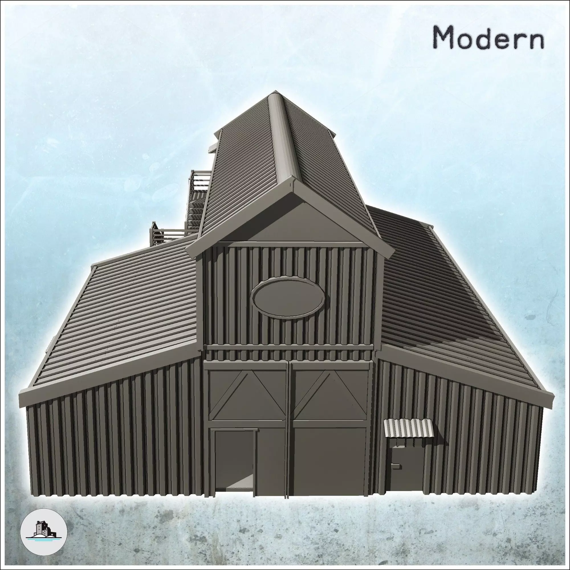 Large modern warehouse with exterior stairs and multiple access 3D print model_4