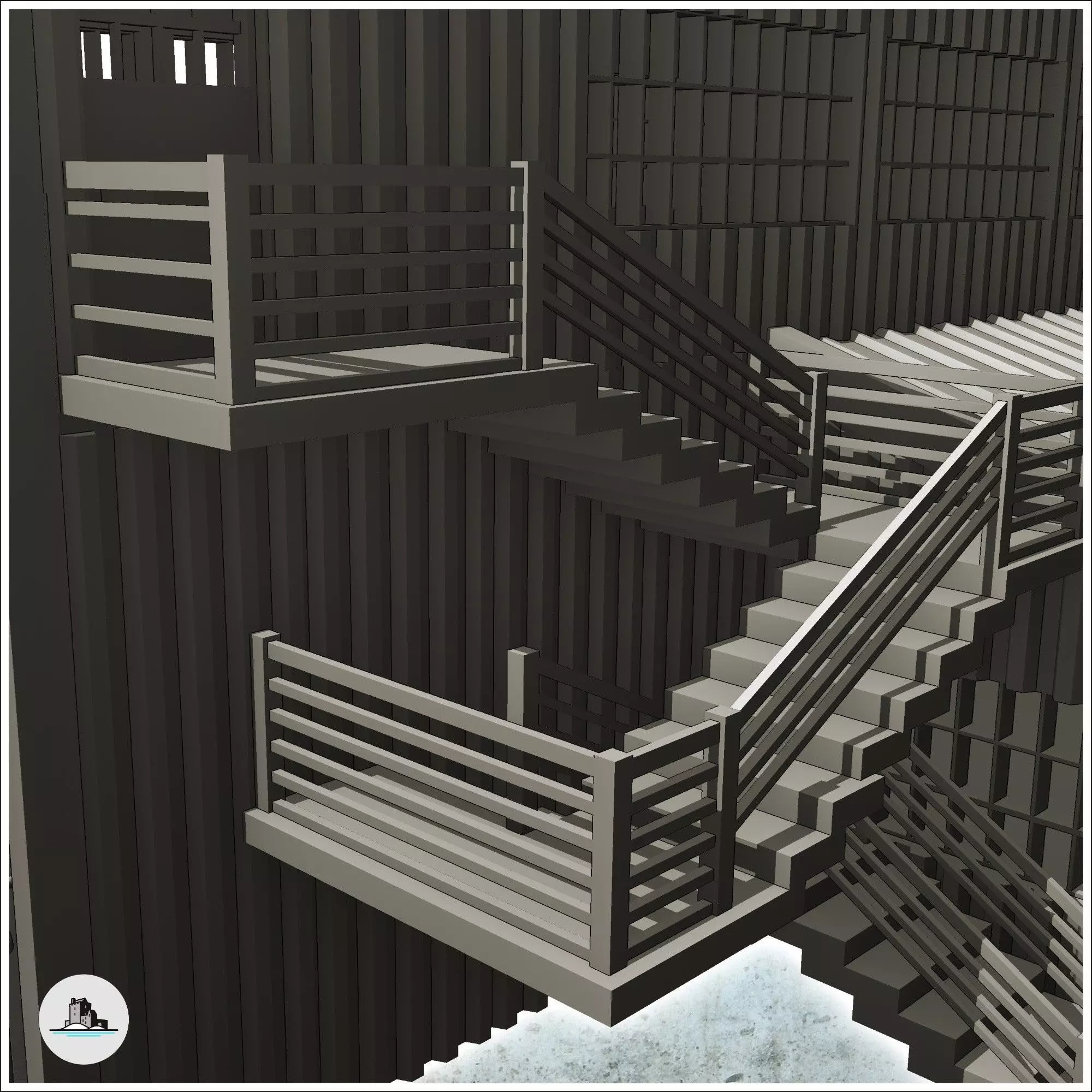 Large modern warehouse with exterior stairs and multiple access 3D print model_5