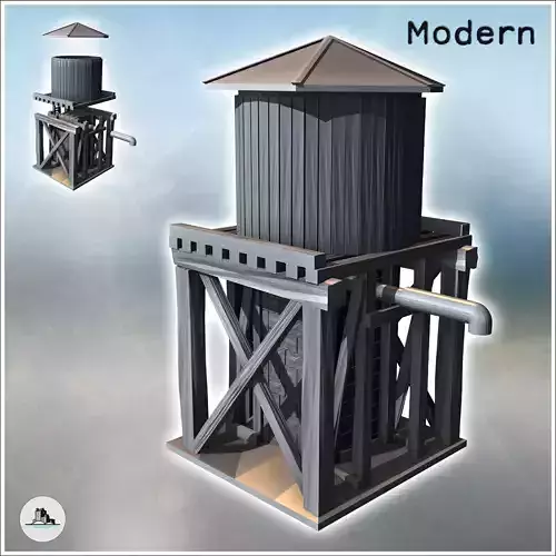 Water tank on wooden structure with metal faucet 2 - Modern WW2 