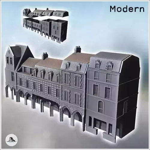Set of modern multi-story buildings with colonnade passage and b