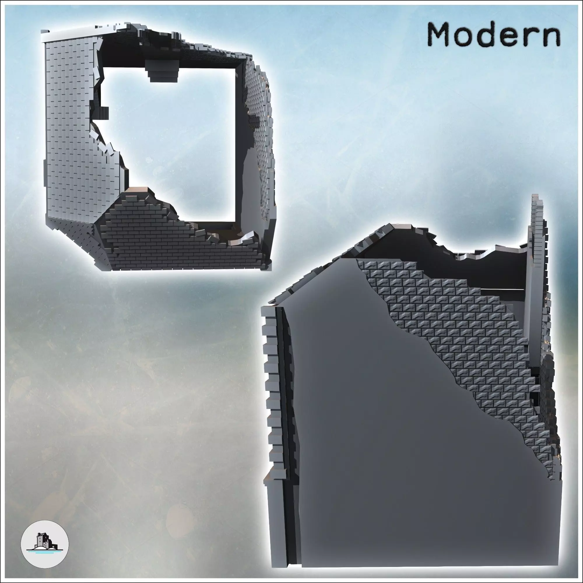 Corner ruin building with three-sided roof and ground-floor shop 3D print model_3