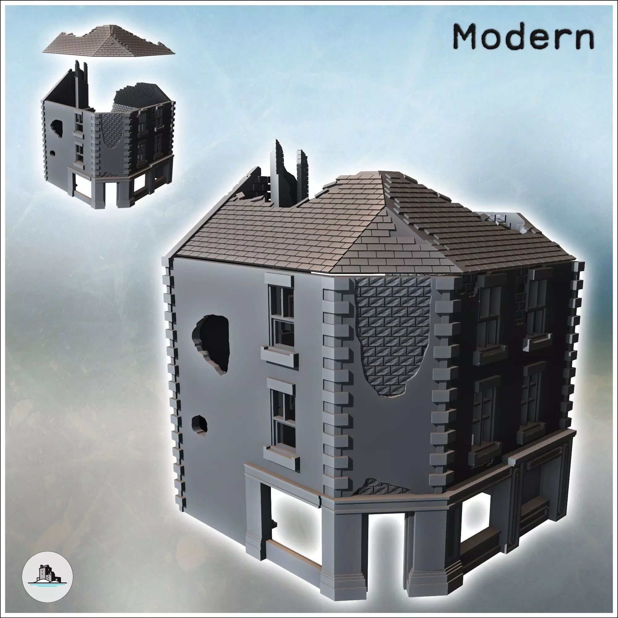 Corner ruin building with three-sided roof and ground-floor shop 3D print model_0