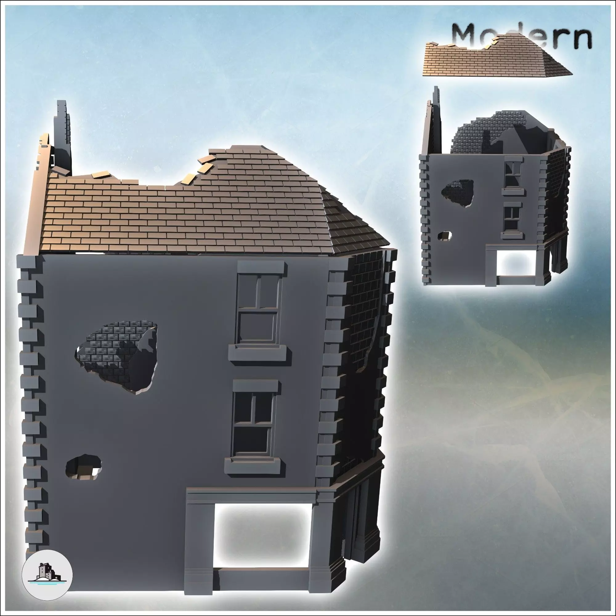Corner ruin building with three-sided roof and ground-floor shop 3D print model_1