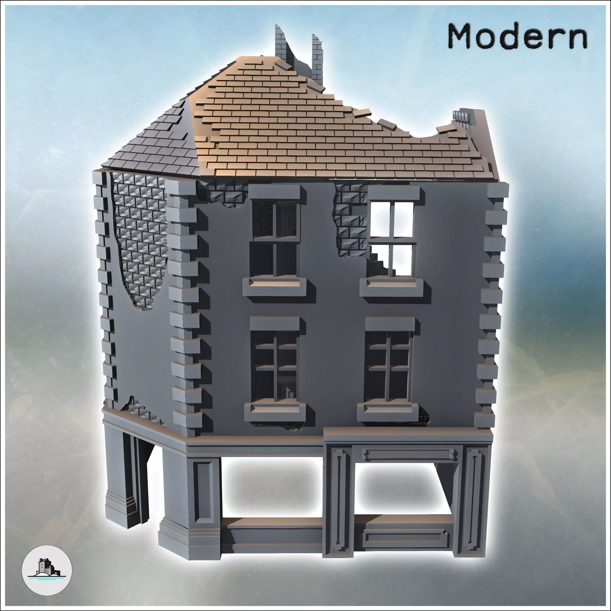 Corner ruin building with three-sided roof and ground-floor shop 3D print model_4