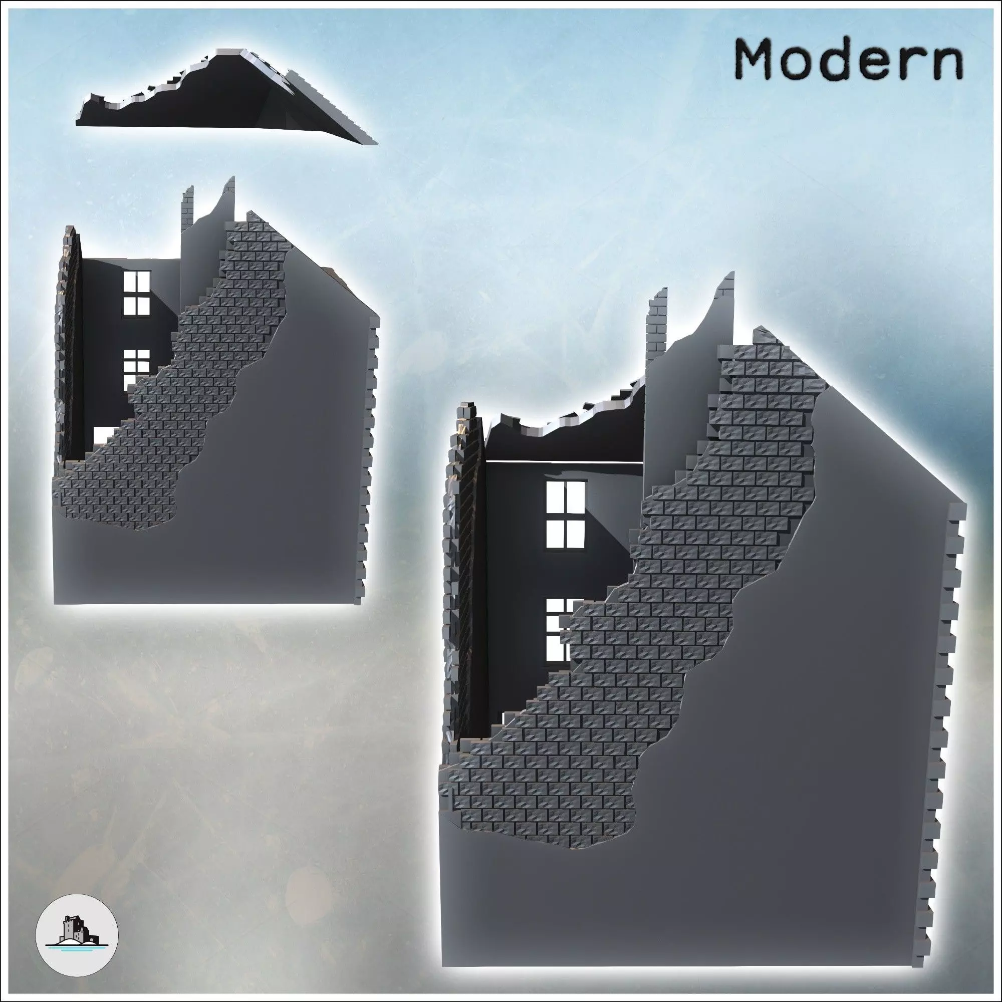 Corner ruin building with three-sided roof and ground-floor shop 3D print model_2