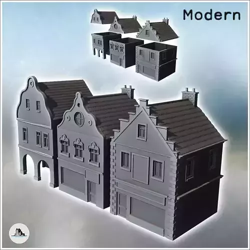 Set of three Flemish Baroque-style buildings with stories and co