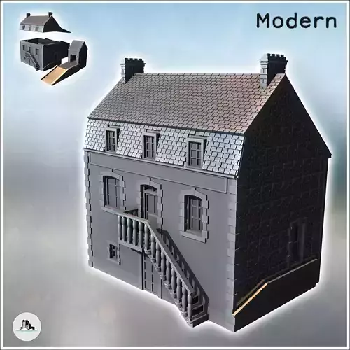 Modern Mansard-roofed building with access staircase and molded 