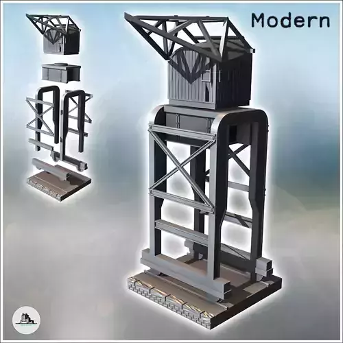 Port industrial crane for rail loading with control cabin at the