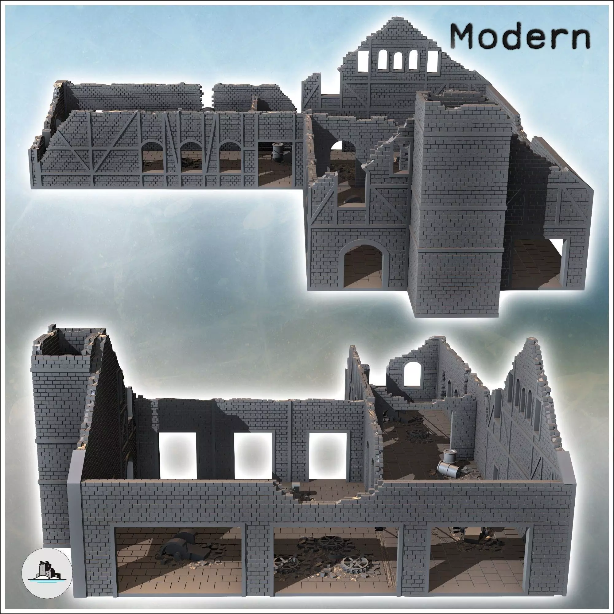 Ruined industrial brick building with large chimney and multiple 3D print model_3