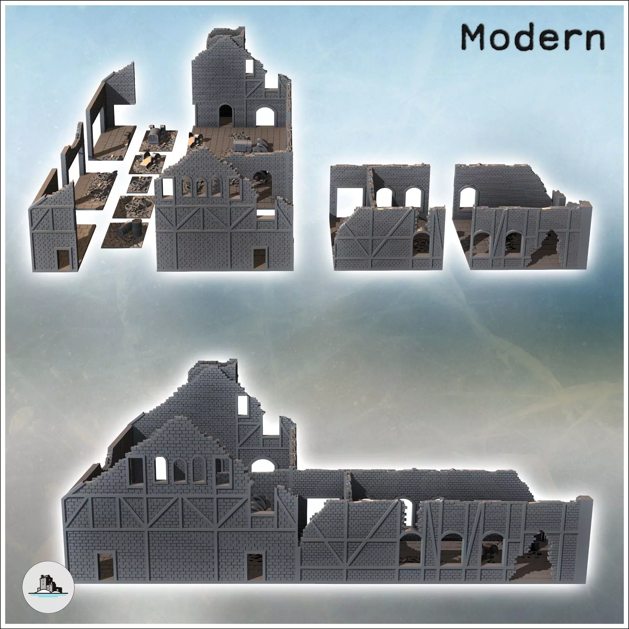 Ruined industrial brick building with large chimney and multiple 3D print model_2