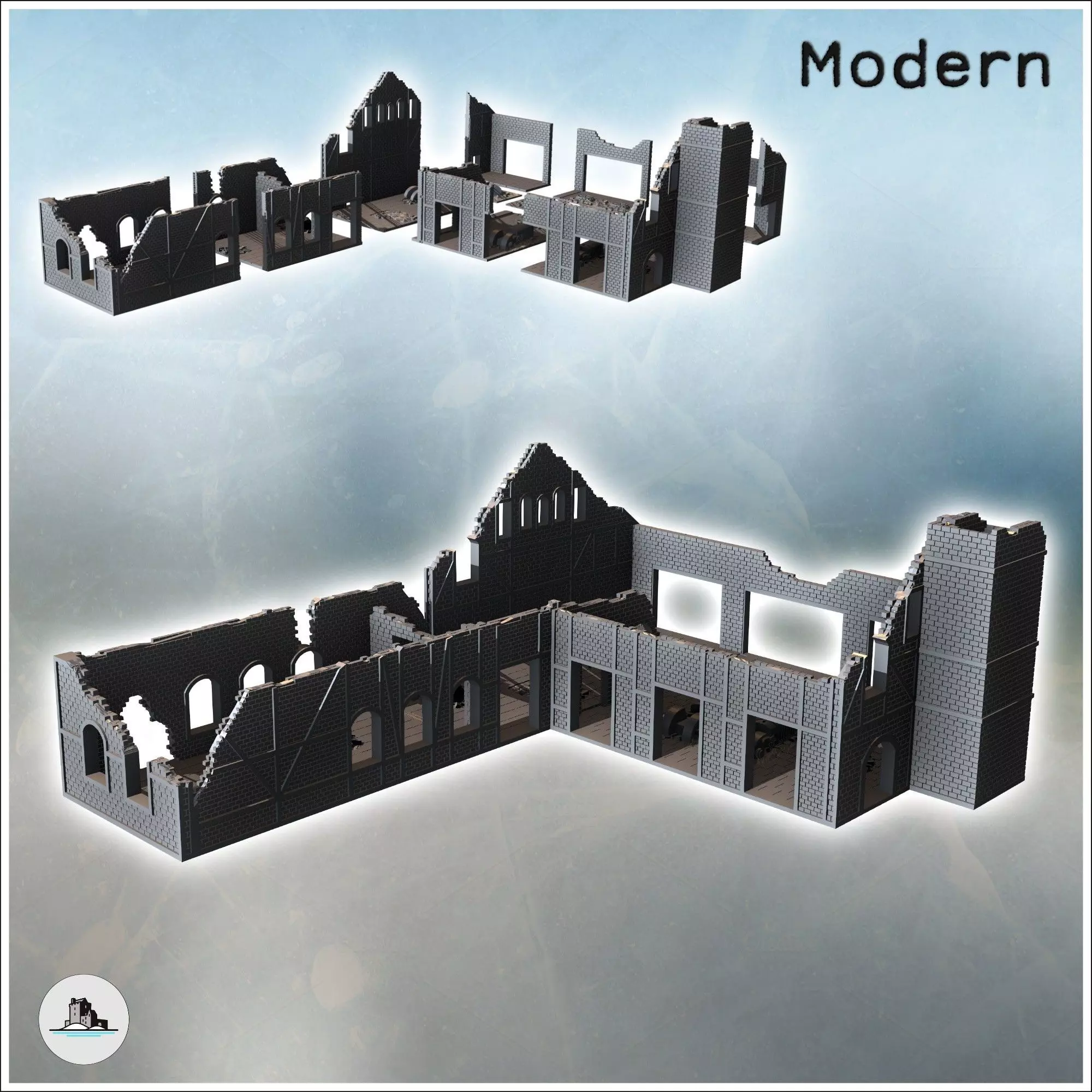 Ruined industrial brick building with large chimney and multiple 3D print model_0