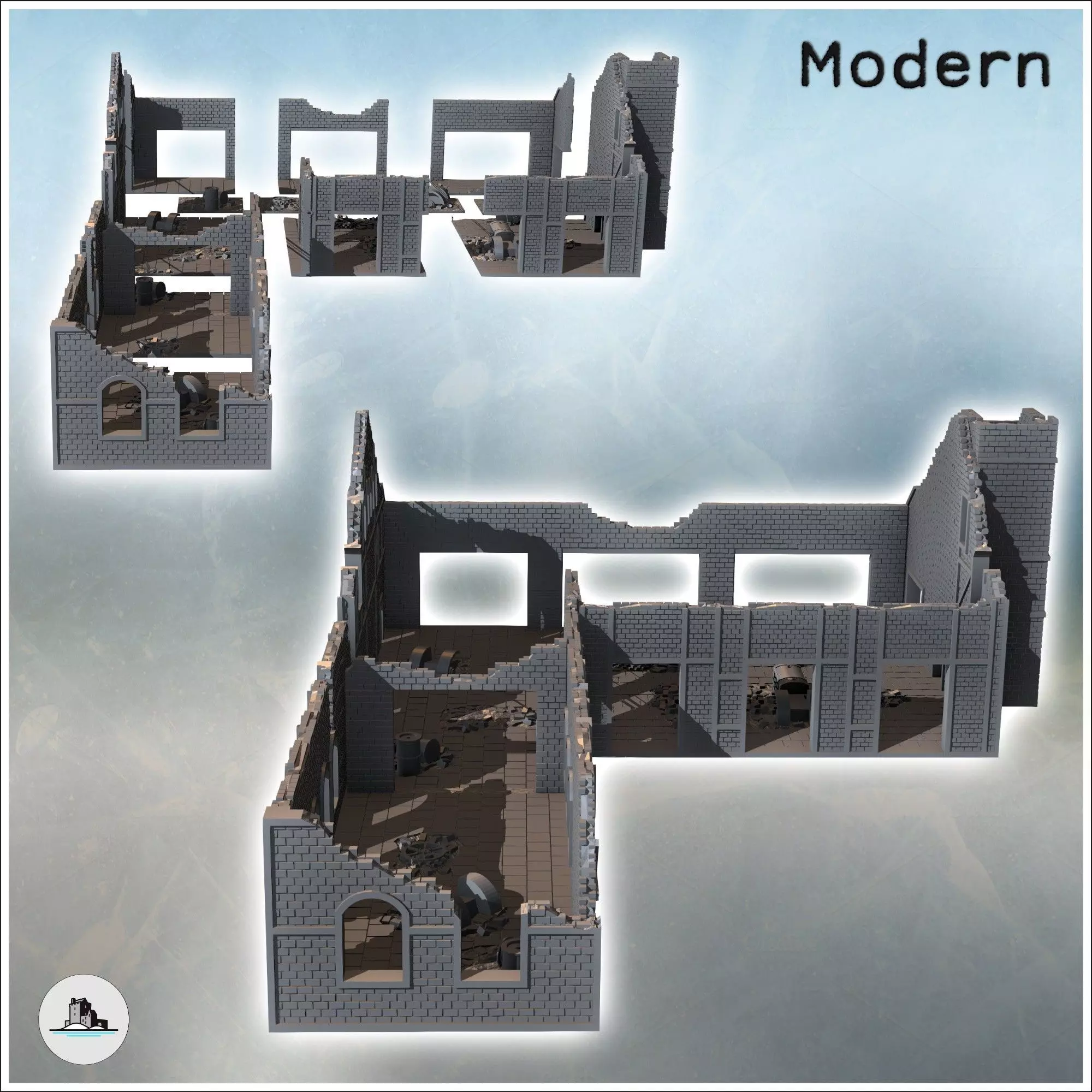 Ruined industrial brick building with large chimney and multiple 3D print model_1