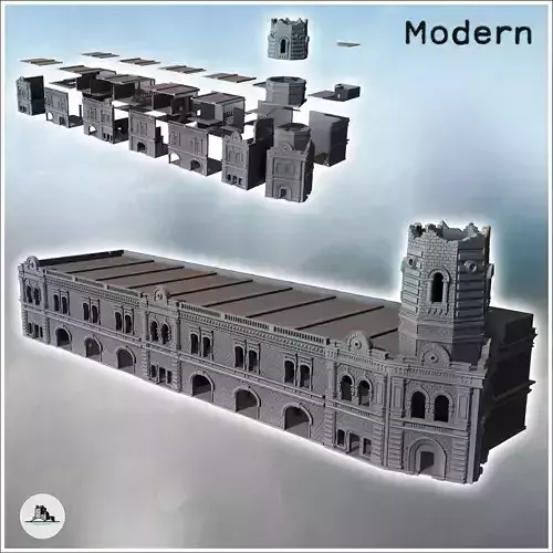 Large urban baroque-style fire station with corner tower Staling