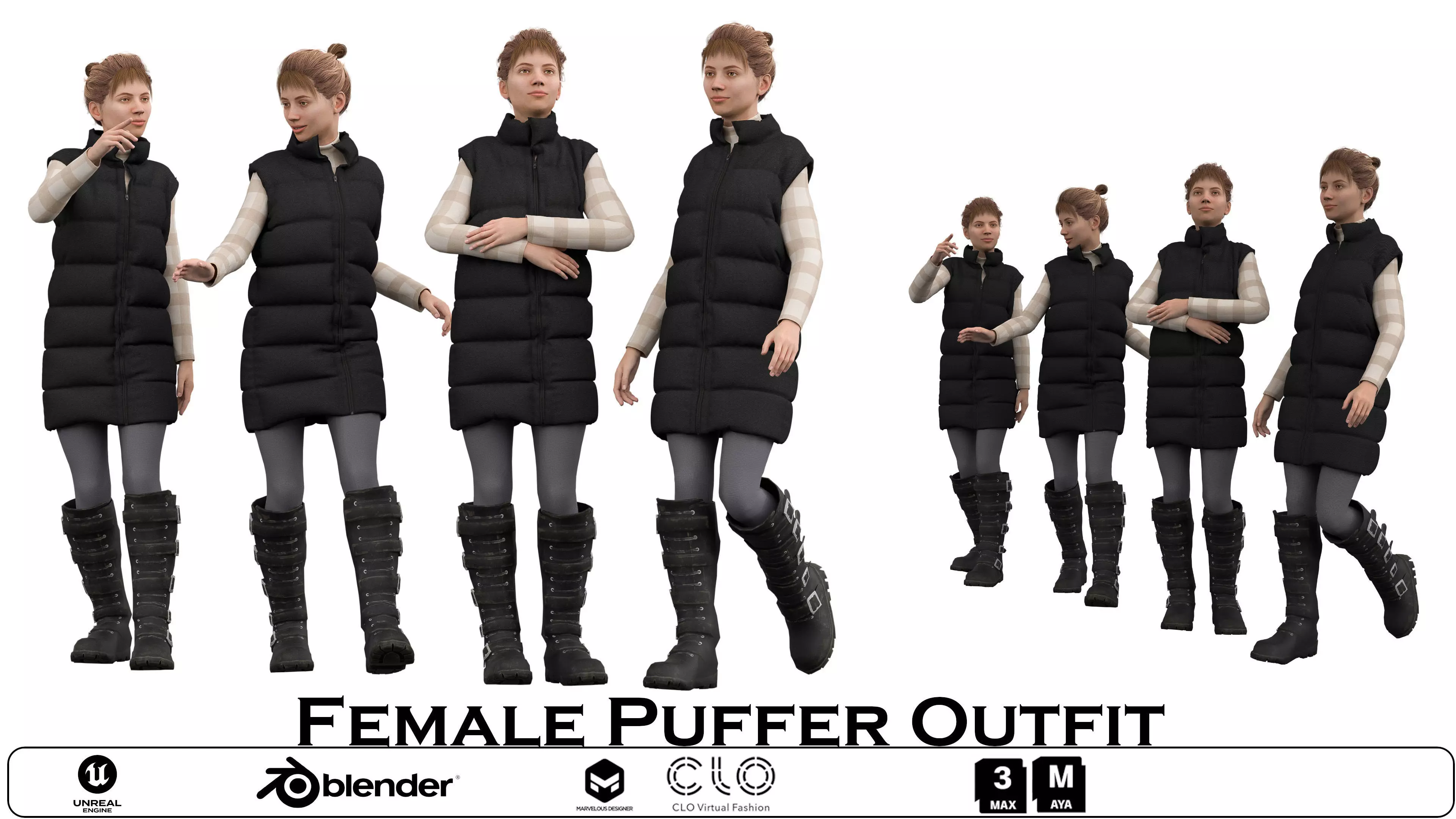 FEMALE PUFFER OUTFIT in 4 poses Low-poly 3D model_0