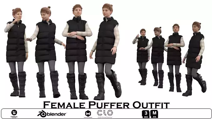 FEMALE PUFFER OUTFIT in 4 poses Low-poly 3D model FEMALE PUFFER OUTFIT in 4 poses Low-poly 3D model