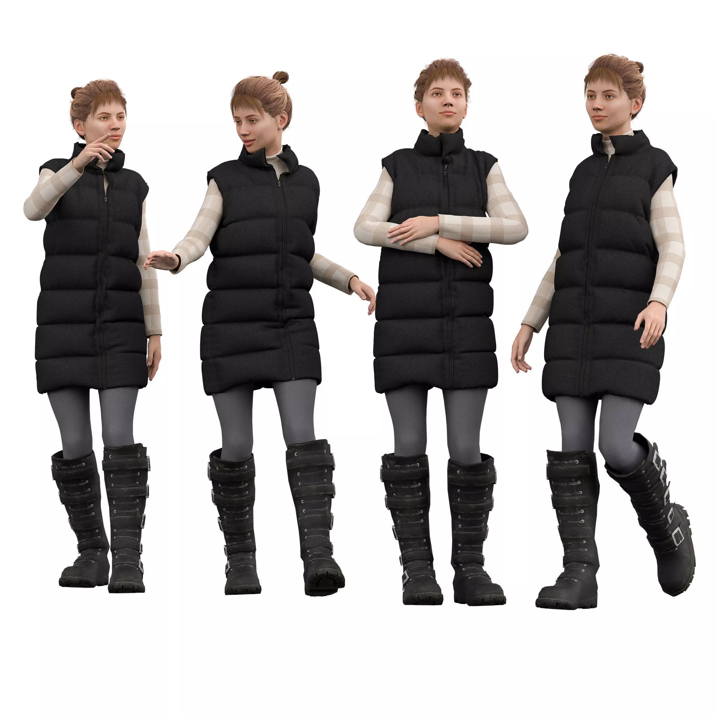 FEMALE PUFFER OUTFIT in 4 poses Low-poly 3D model_1