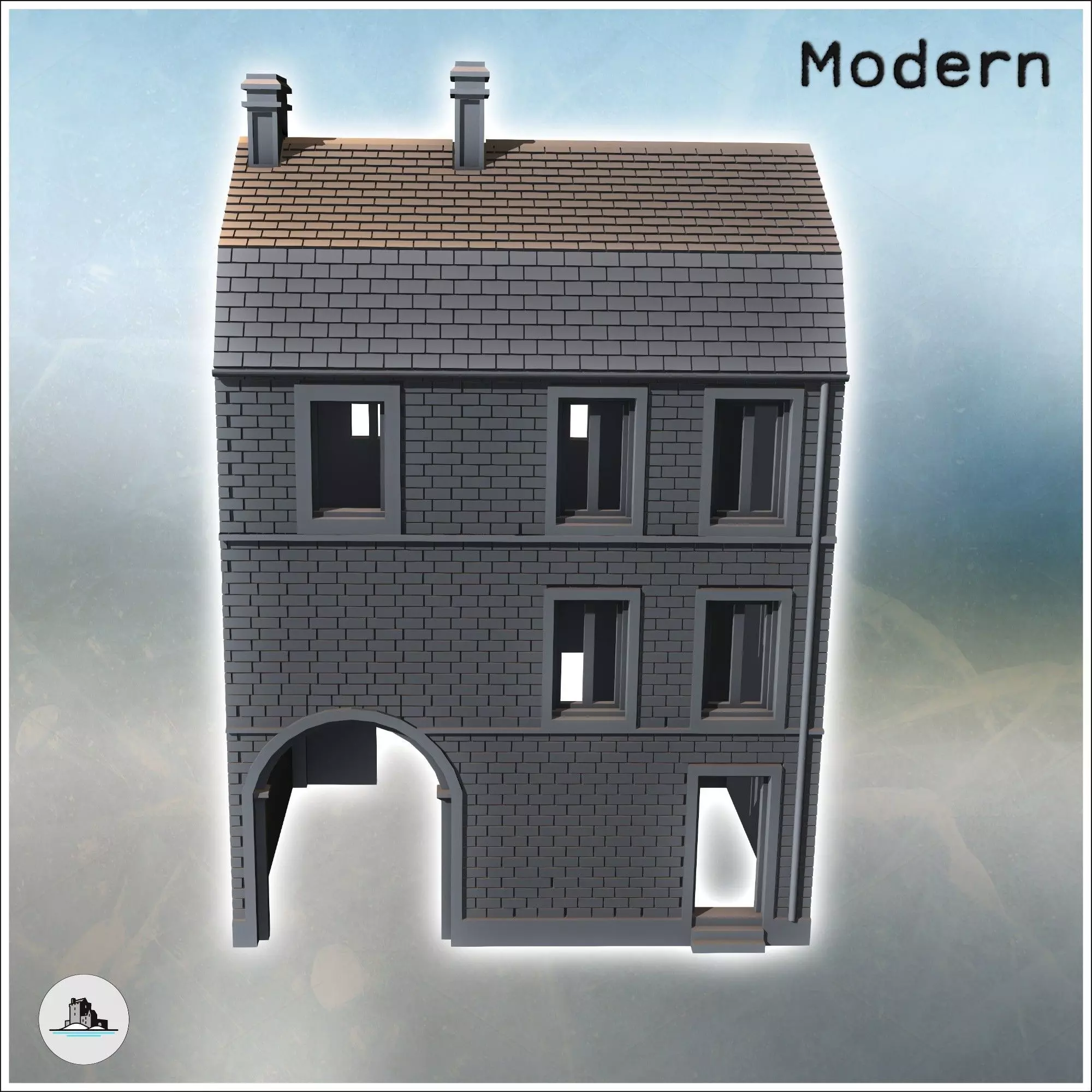 Modern two-story brick house with large wooden door and Mansard 3D print model_4