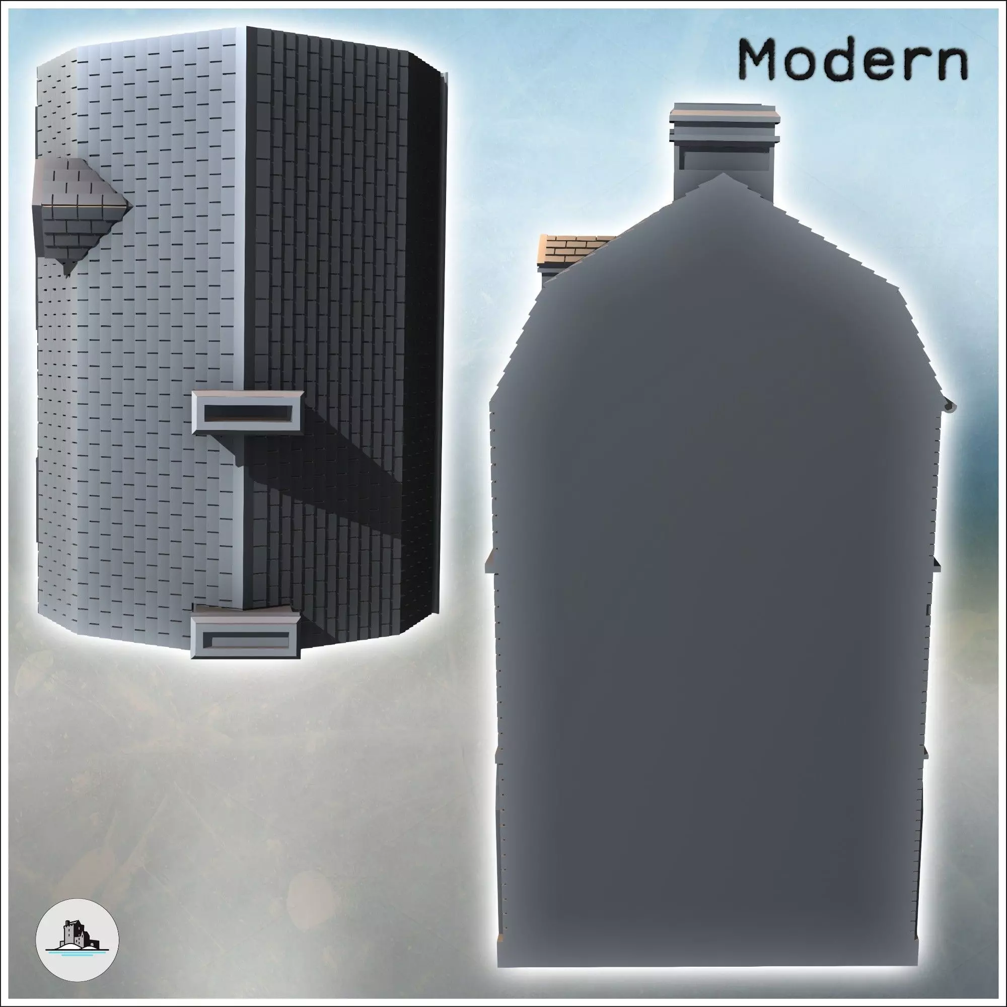 Modern two-story brick house with large wooden door and Mansard 3D print model_3