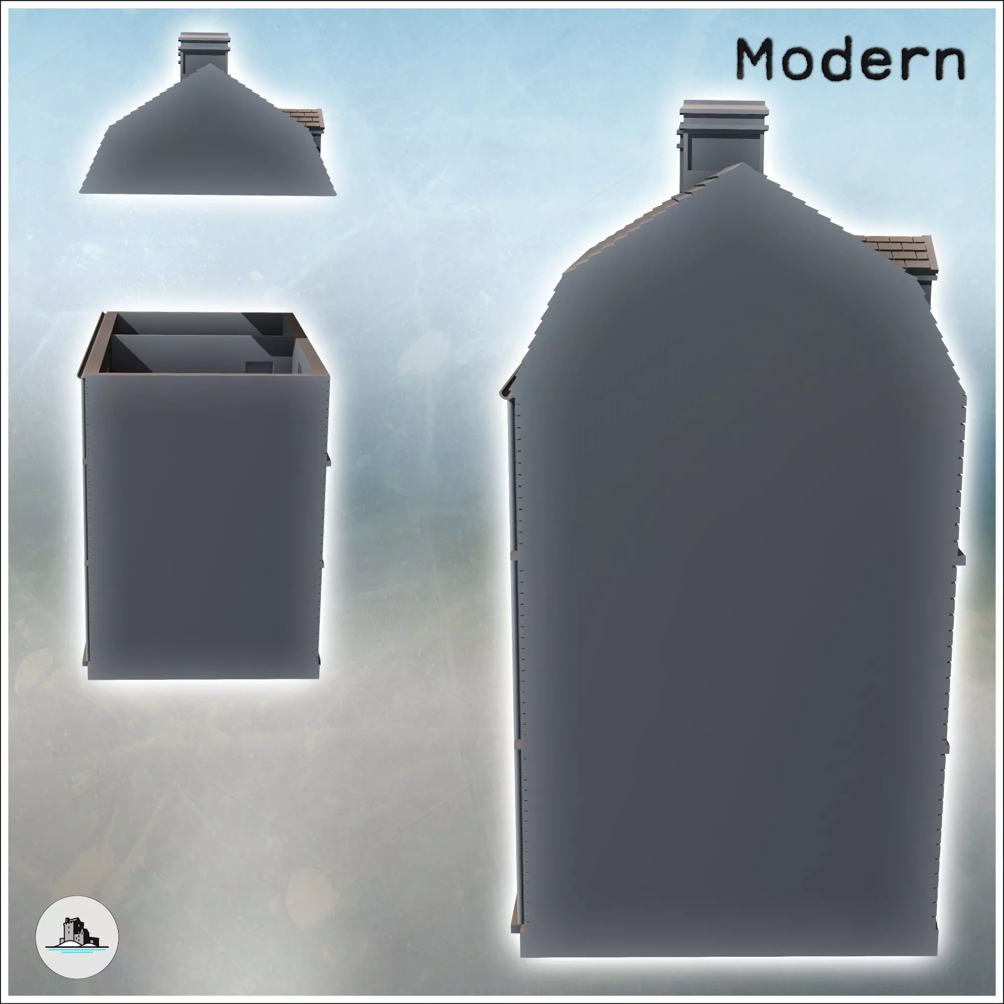 Modern two-story brick house with large wooden door and Mansard 3D print model_2