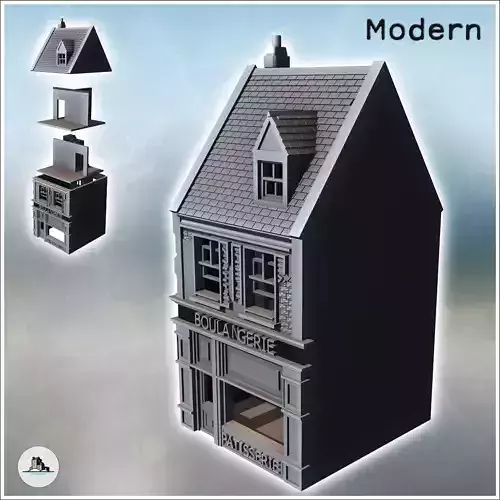 French bakery-pastry shop with two stories and damaged brick wal