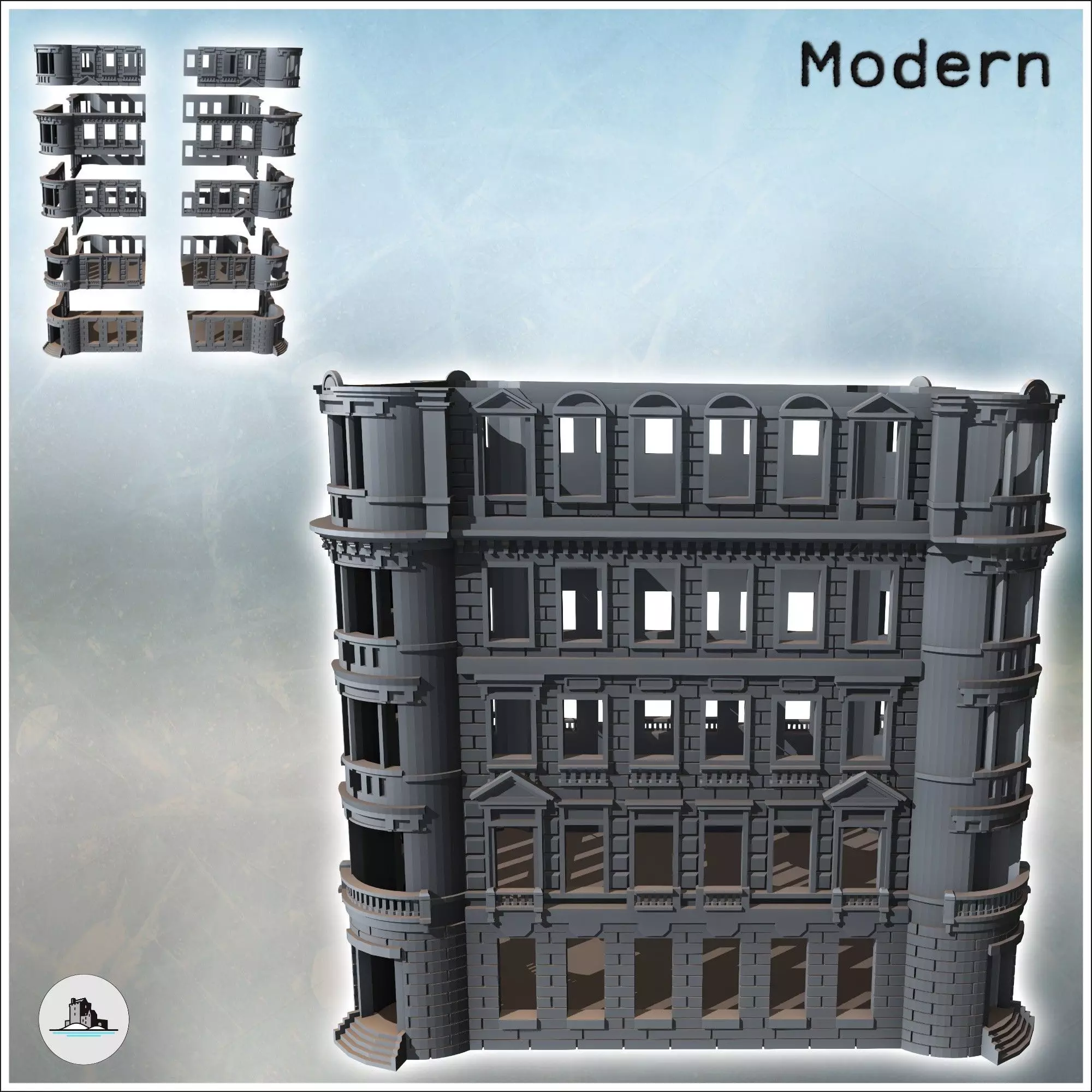 Building with rounded corners and brick walls intact version 39 3D print model_1