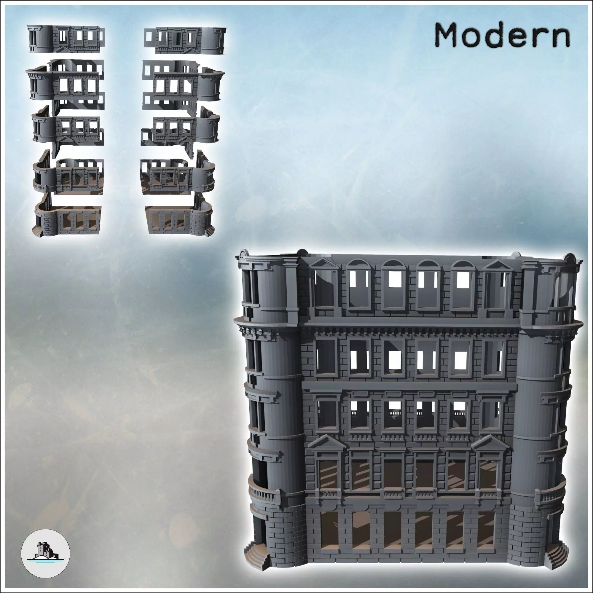 Building with rounded corners and brick walls intact version 39 3D print model_2