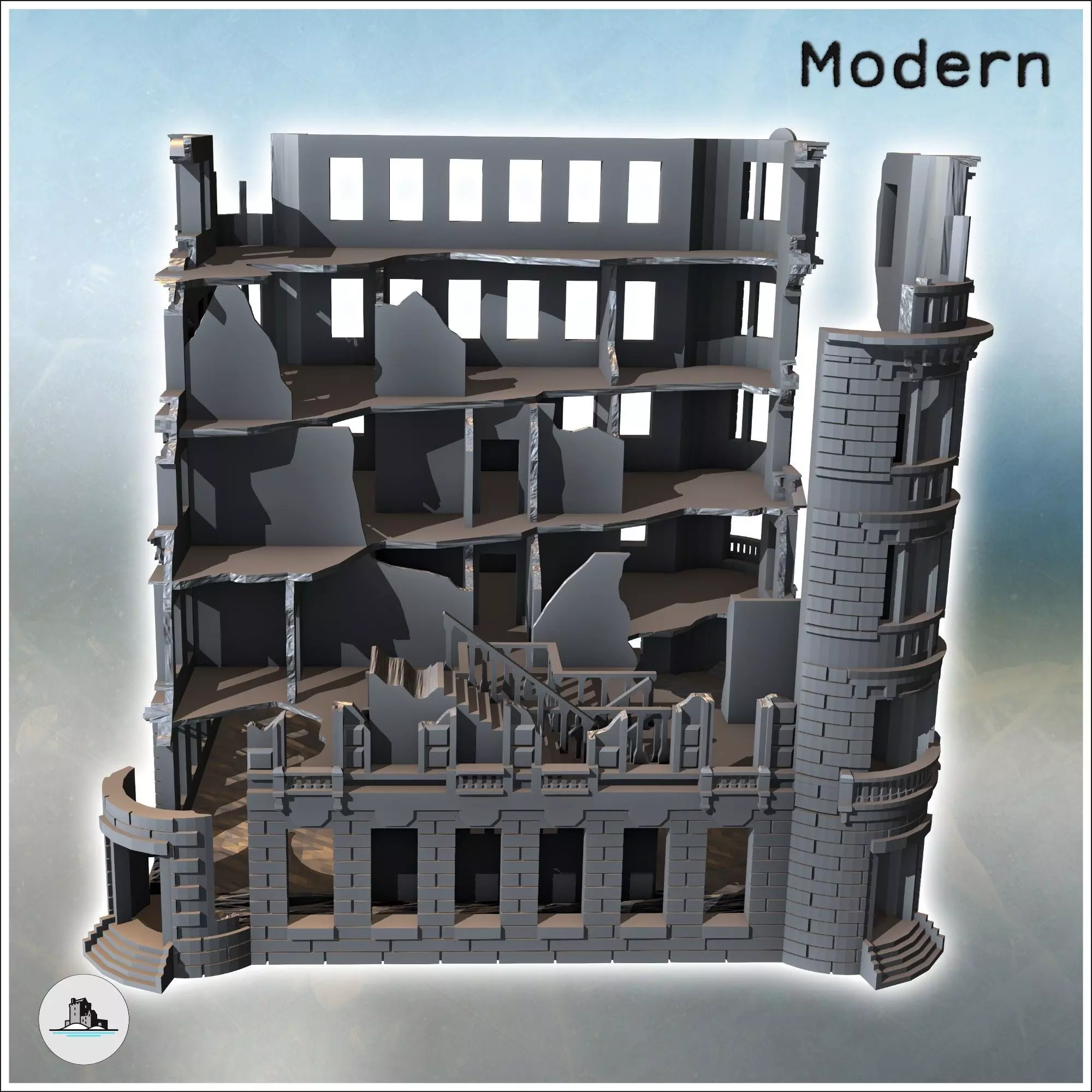Building with rounded corners and brick walls destroyed version 3D print model_4
