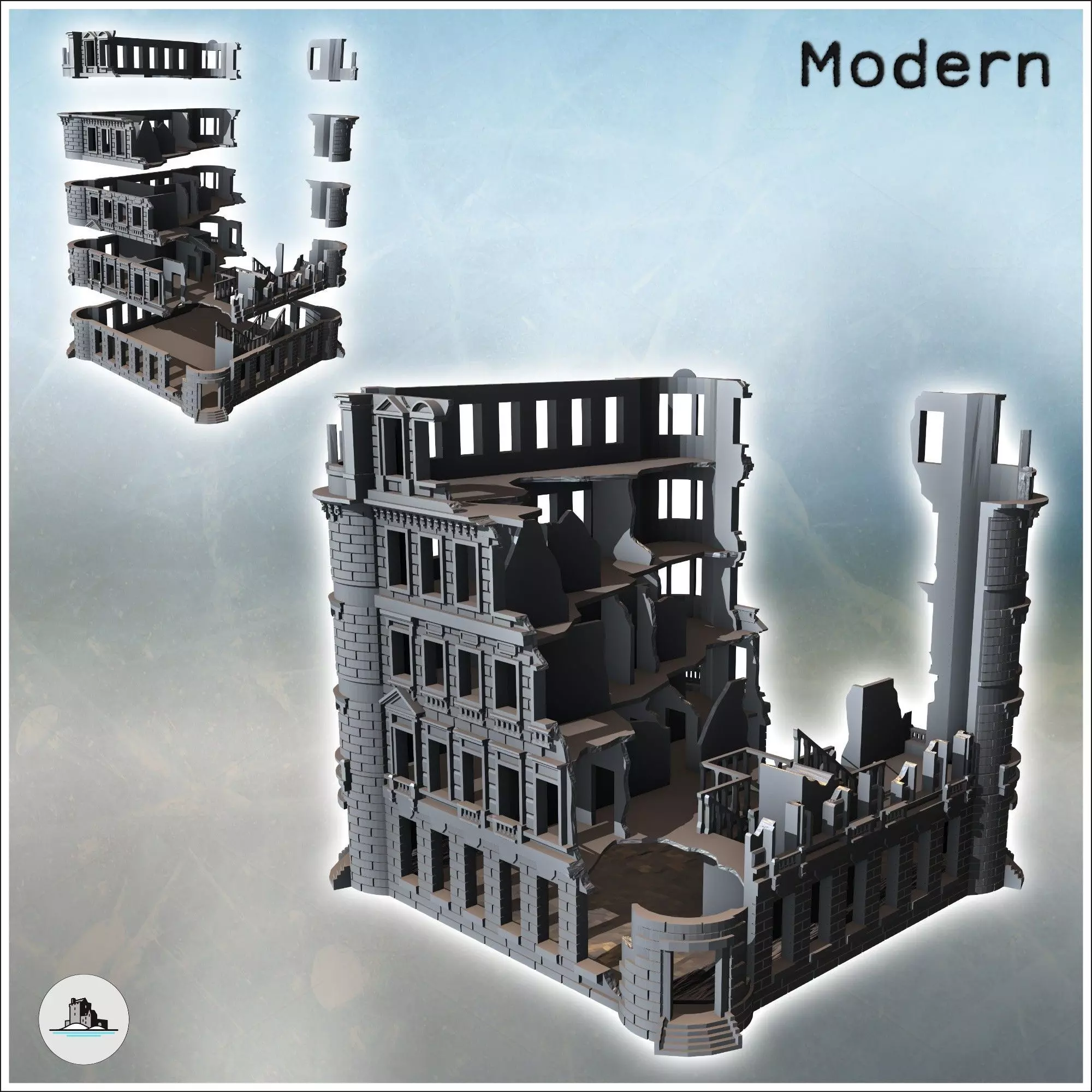 Building with rounded corners and brick walls destroyed version 3D print model_0