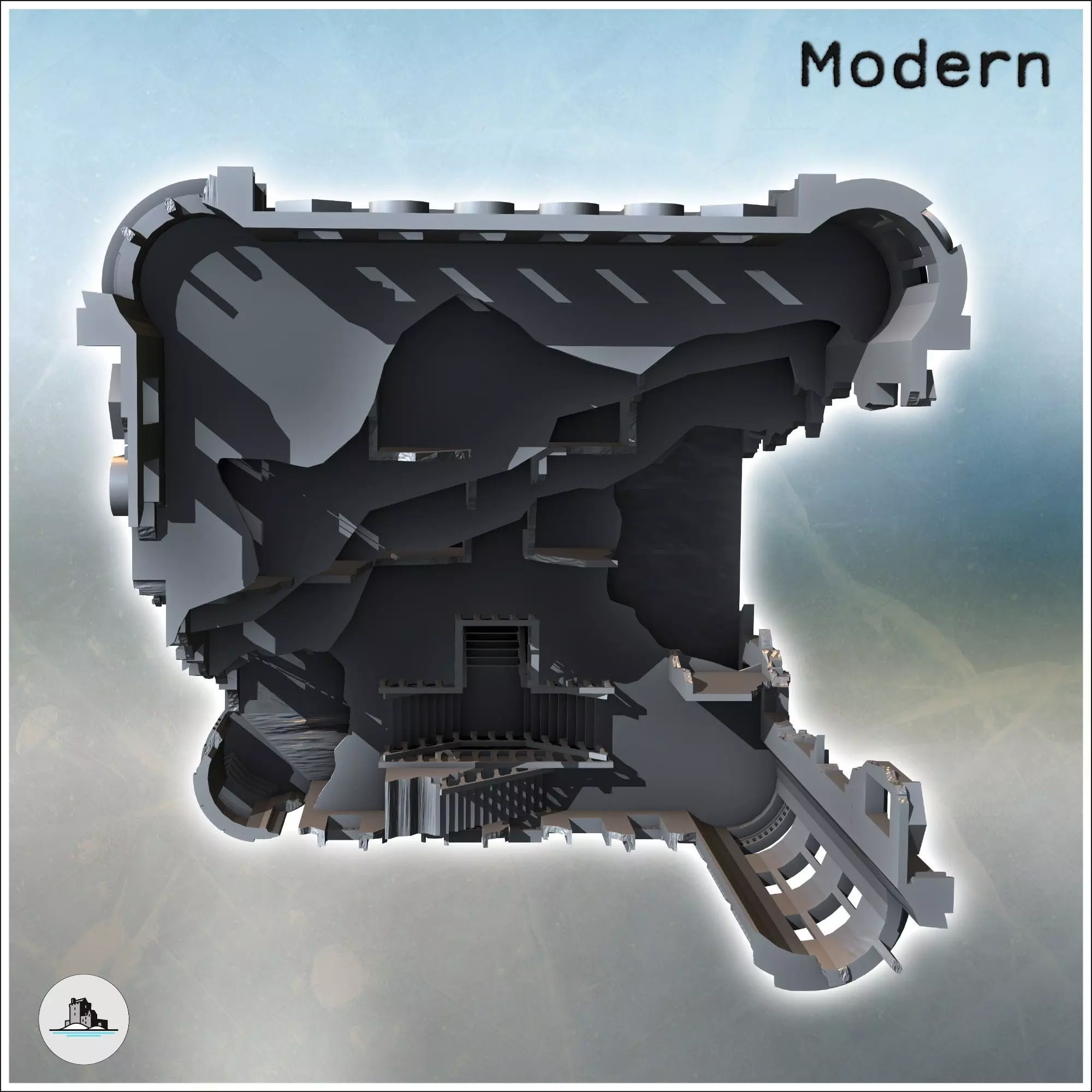 Building with rounded corners and brick walls destroyed version 3D print model_5