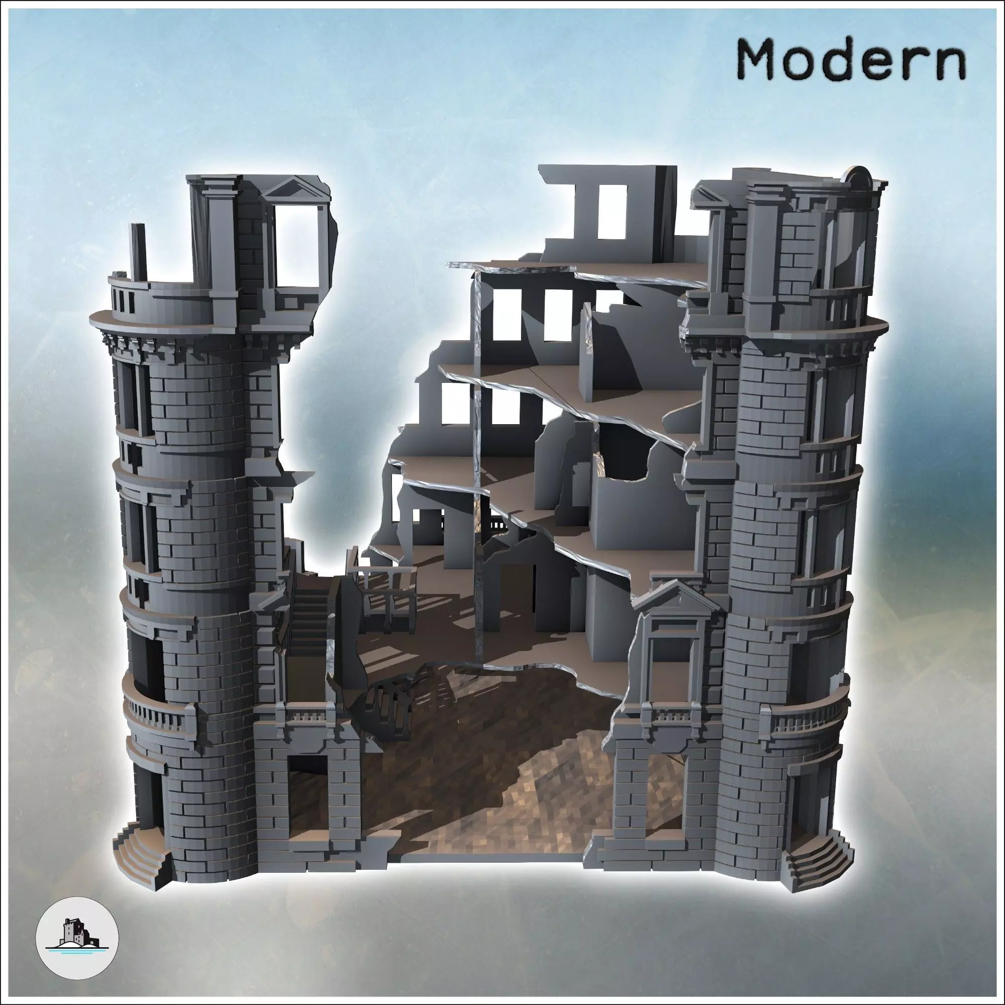 Building with rounded corners and brick walls destroyed version 3D print model_3