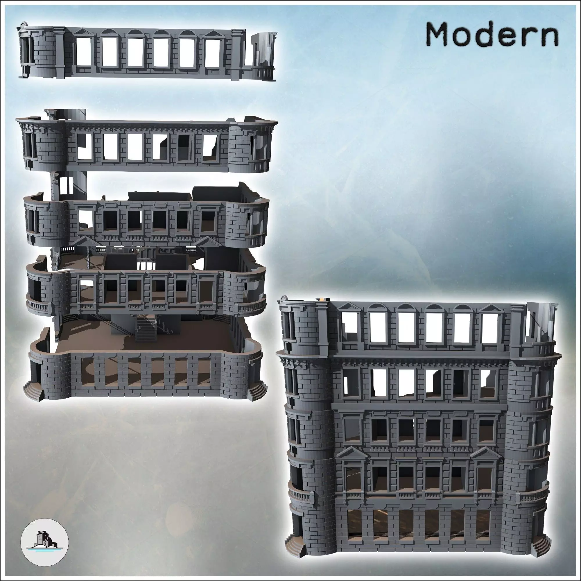 Building with rounded corners and brick walls destroyed version 3D print model_2