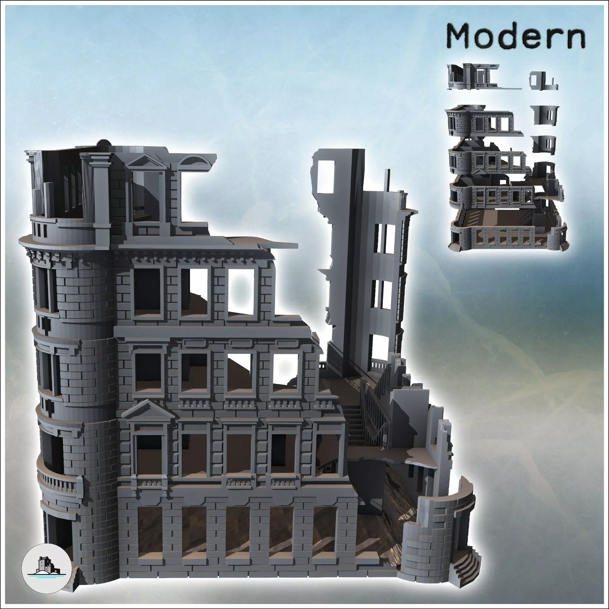 Building with rounded corners and brick walls destroyed version 3D print model_1