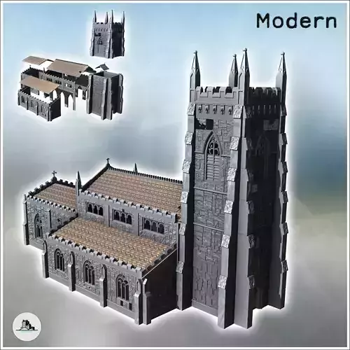 Christian church with square front Gothic tower and side annexes