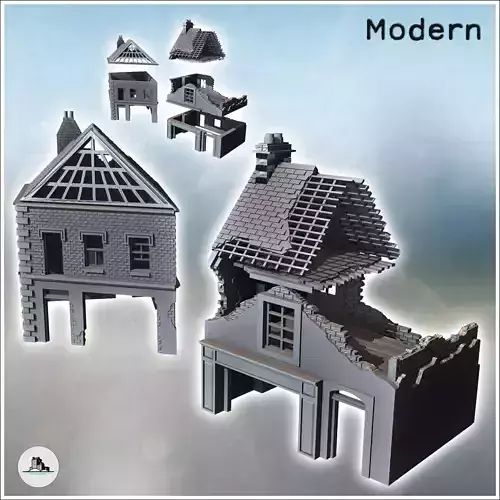 Set of two modern ruined houses with exposed framework and groun
