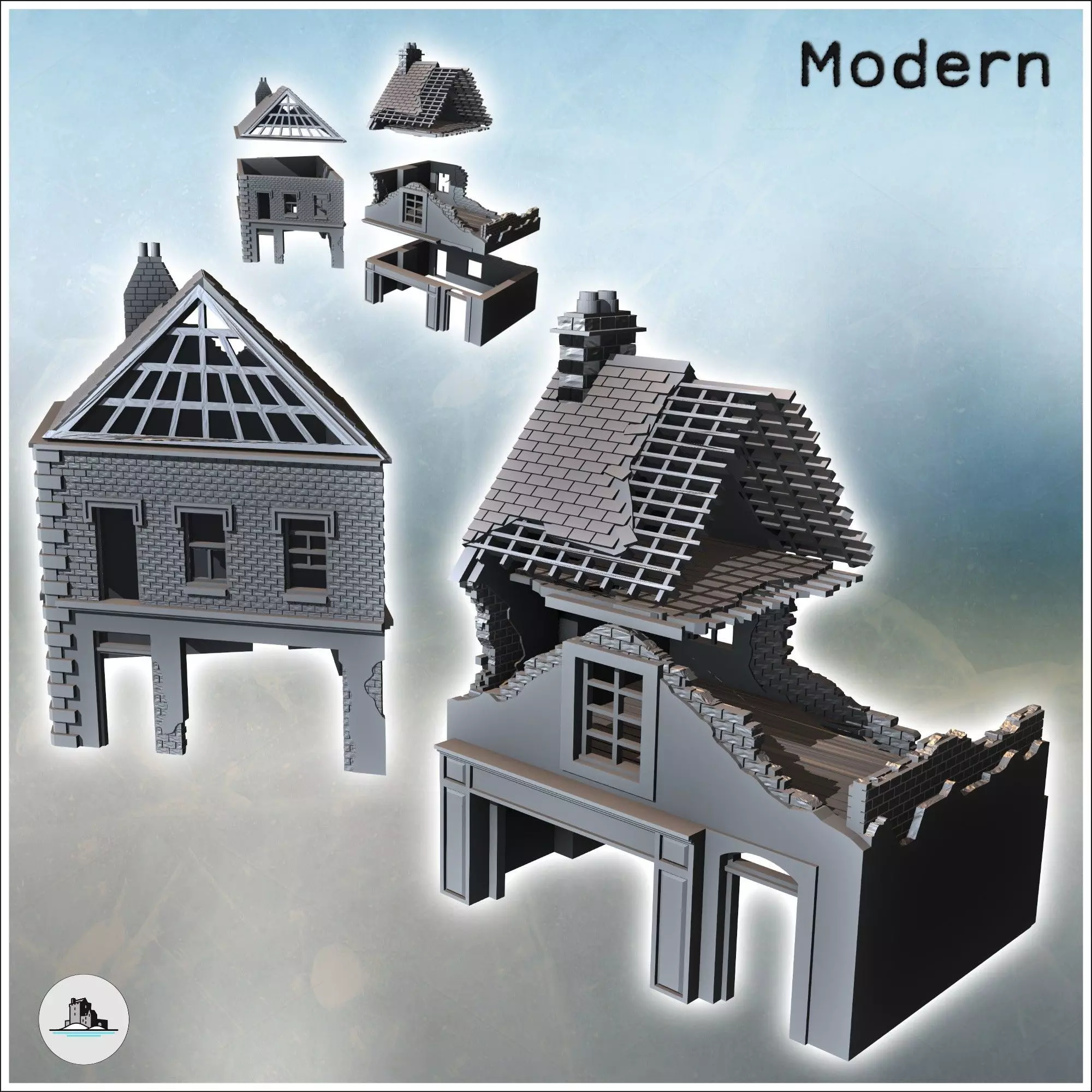 Set of two modern ruined houses with exposed framework and groun 3D print model_0