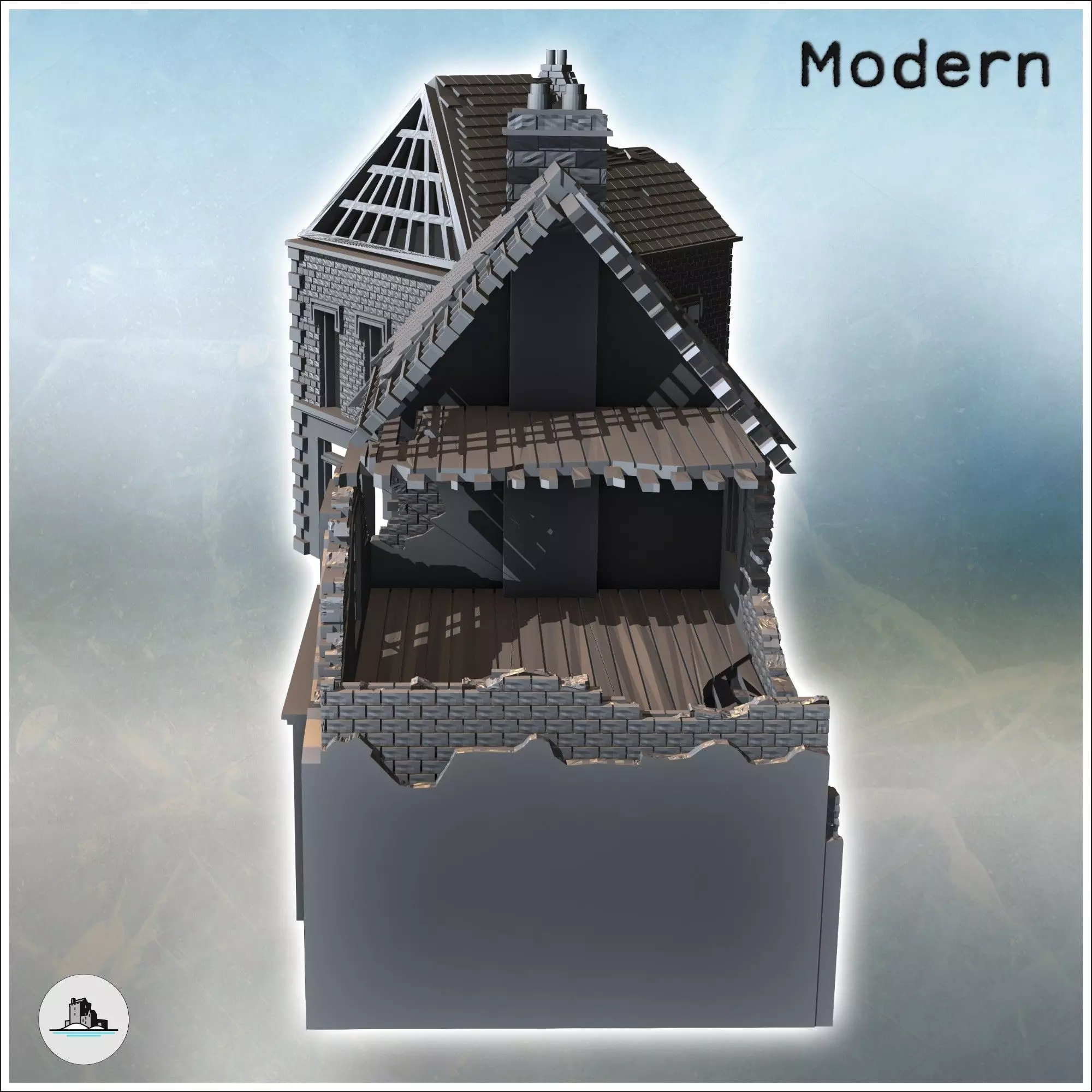 Set of two modern ruined houses with exposed framework and groun 3D print model_4