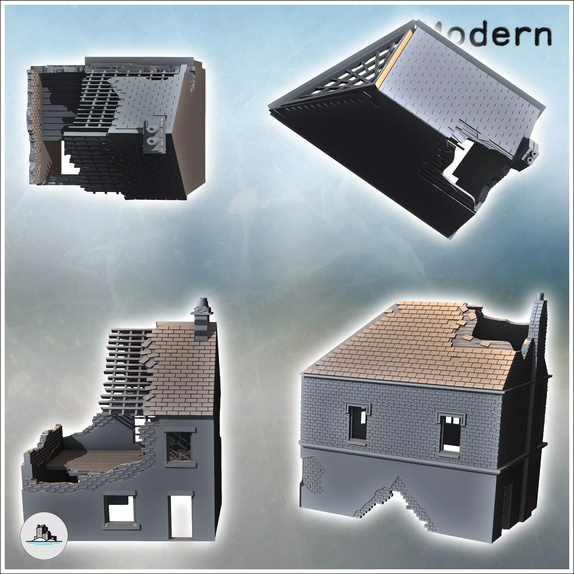 Set of two modern ruined houses with exposed framework and groun 3D print model_3