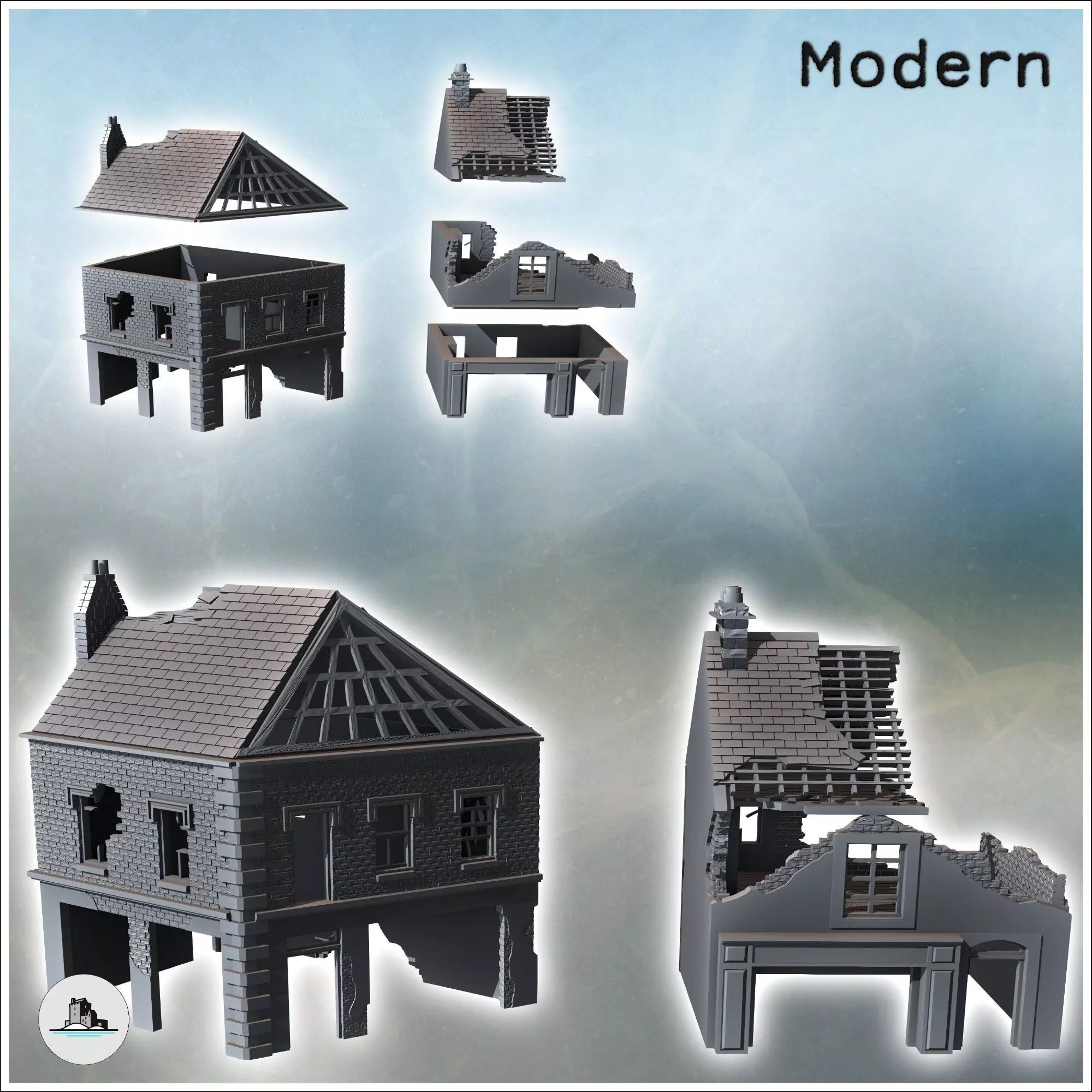 Set of two modern ruined houses with exposed framework and groun 3D print model_1