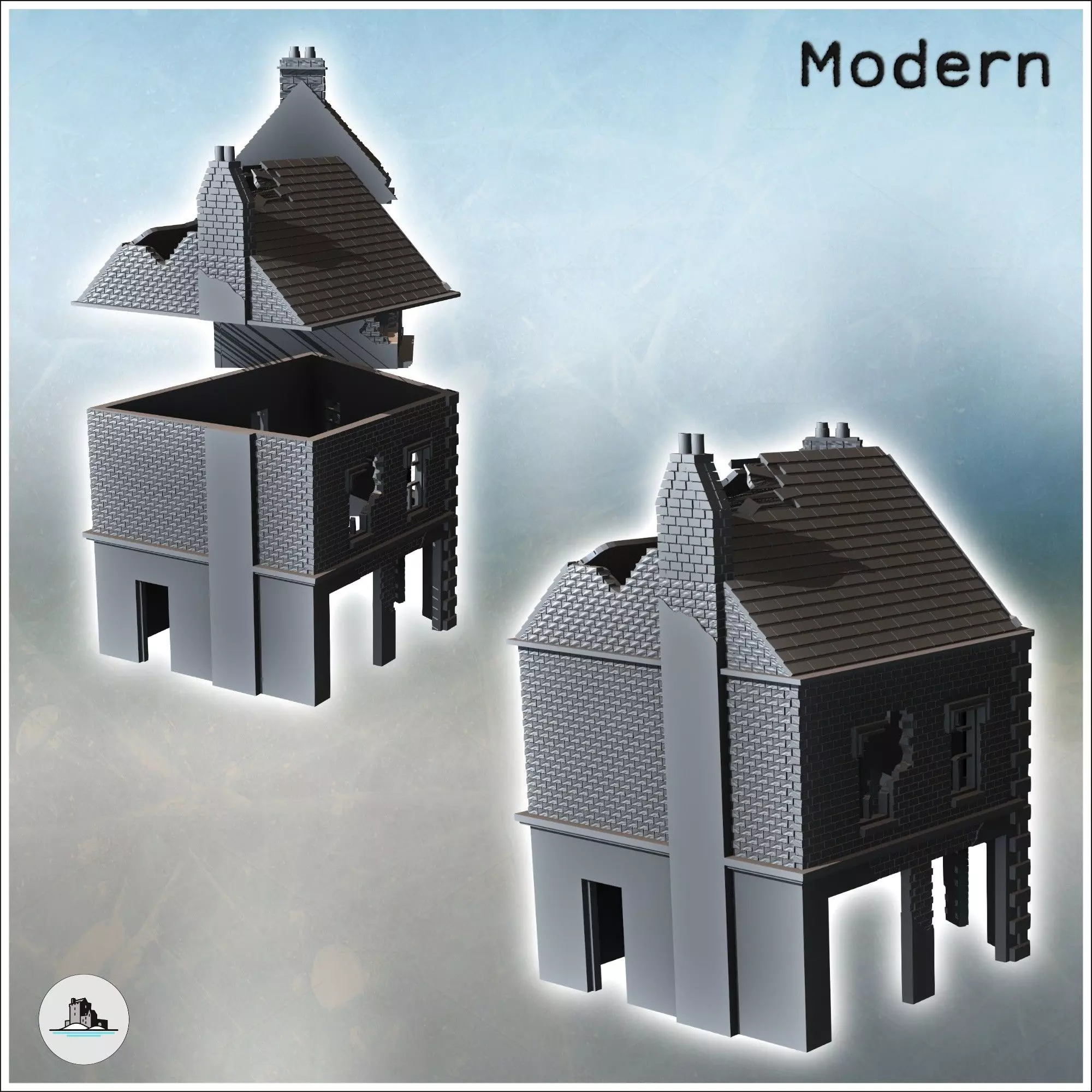 Set of two modern ruined houses with exposed framework and groun 3D print model_2