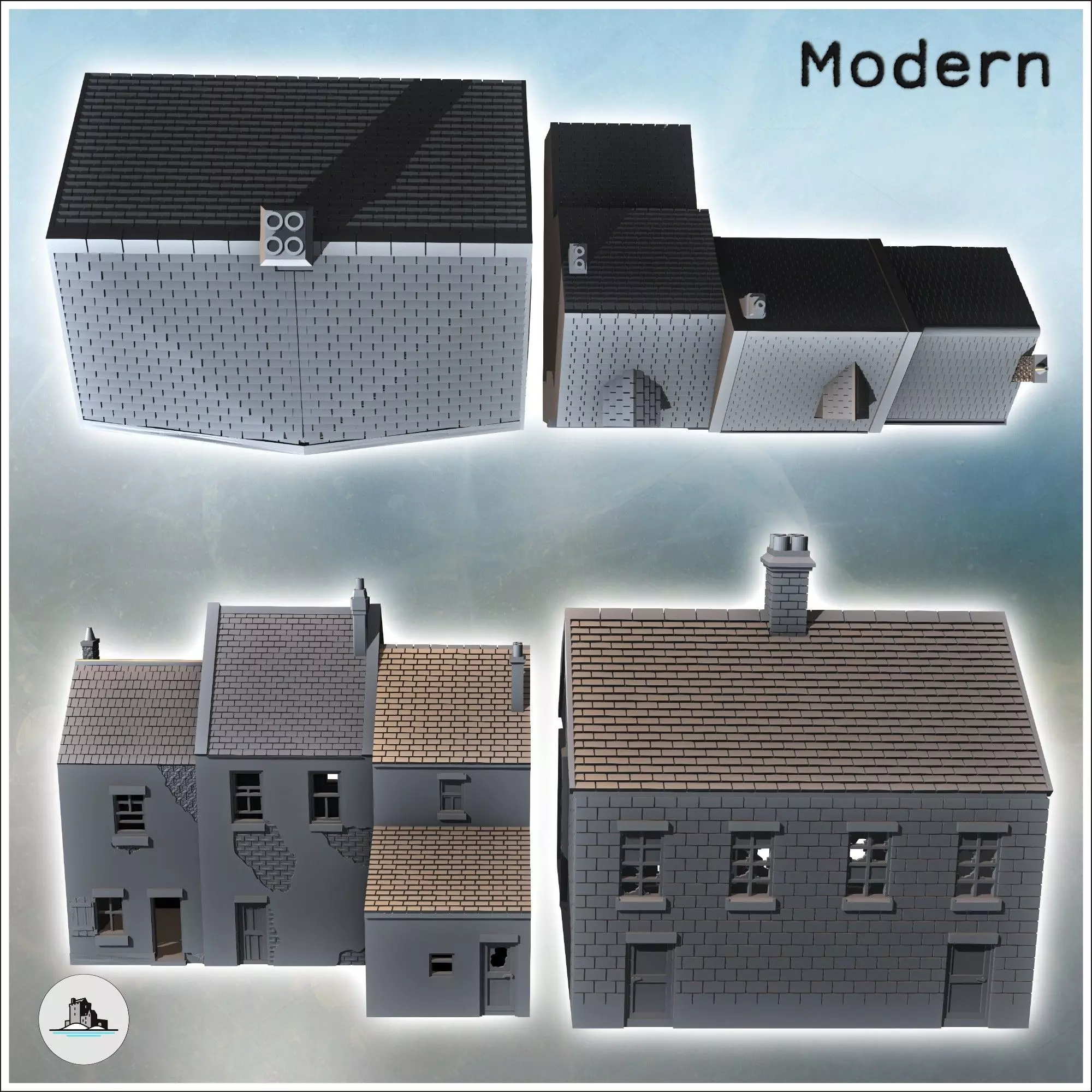 Set of four modern buildings with French bakery and ground-floor 3D print model_3