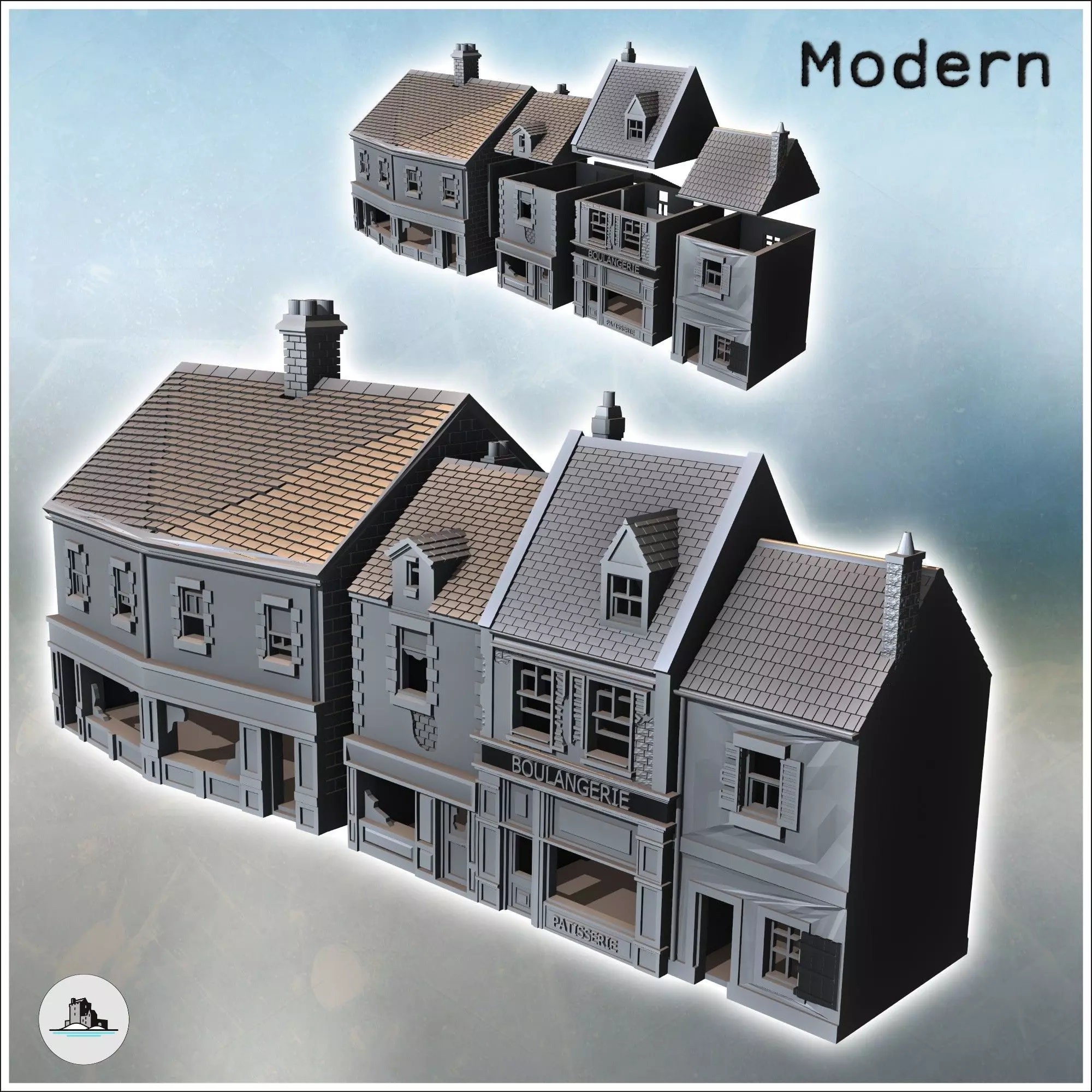 Set of four modern buildings with French bakery and ground-floor 3D print model_0