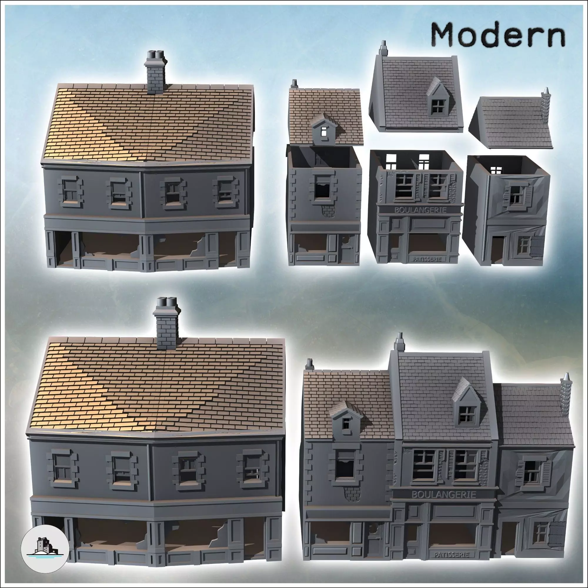 Set of four modern buildings with French bakery and ground-floor 3D print model_1