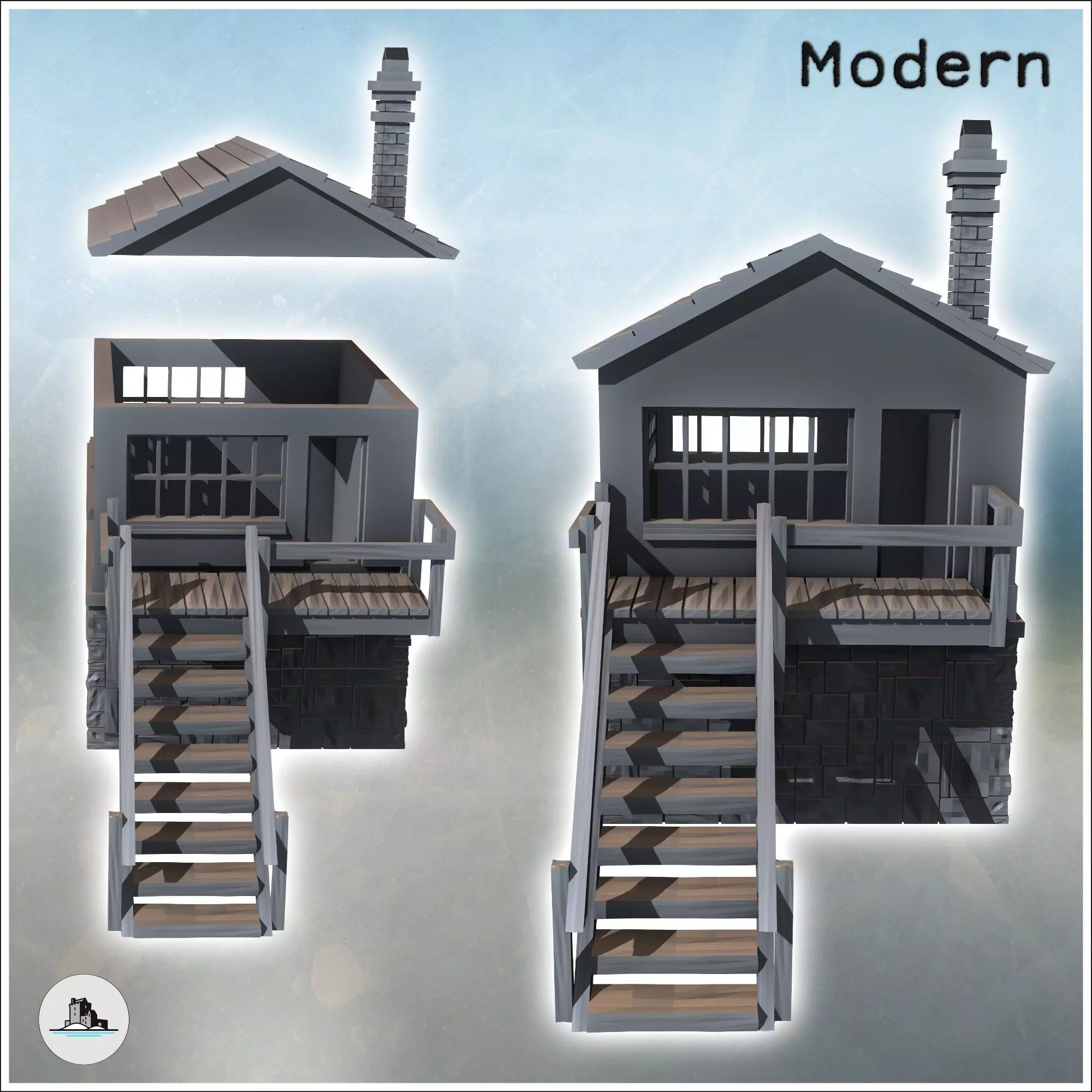 Modern building with access staircase to the first floor and cut 3D print model_1